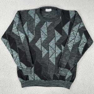 Vintage Area By Tag Sweater Men Large Black Grey Geometric Grandpa Made in USA